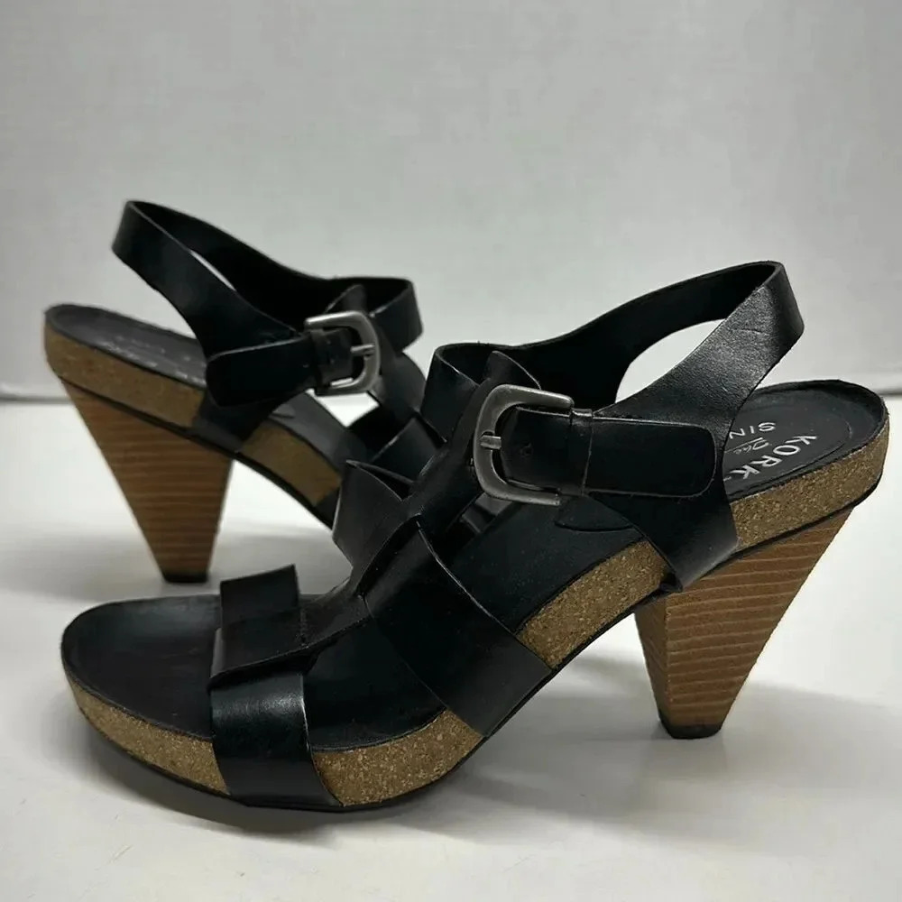 Kork Ease Heels Strappy Heeled Platform SandalsโT-Strap Black Leather Size 6